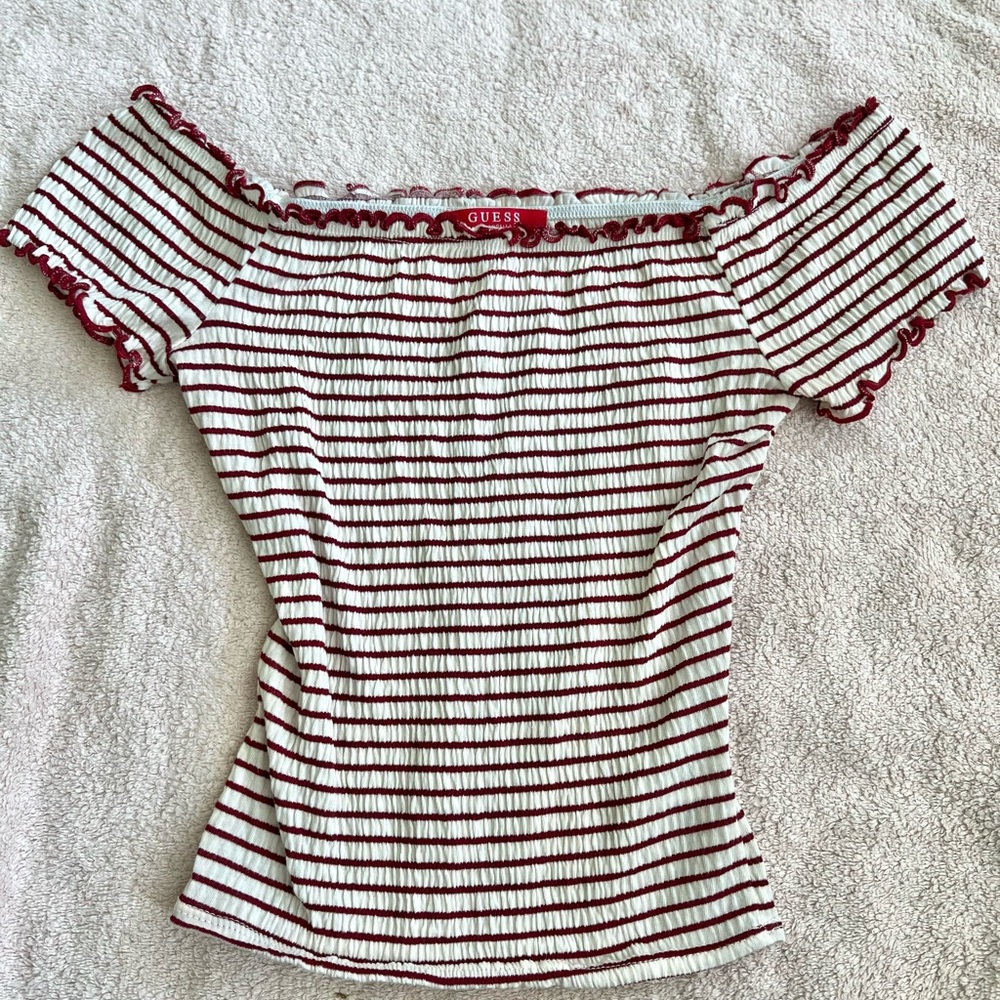 GUESS Women's Off-Shoulder Striped Top - Burgundy and White